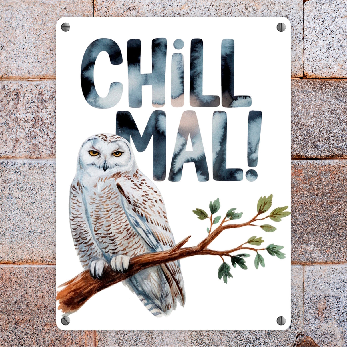 Entspannte Schneeeule Chill mal Metallschild in 15x20 cm