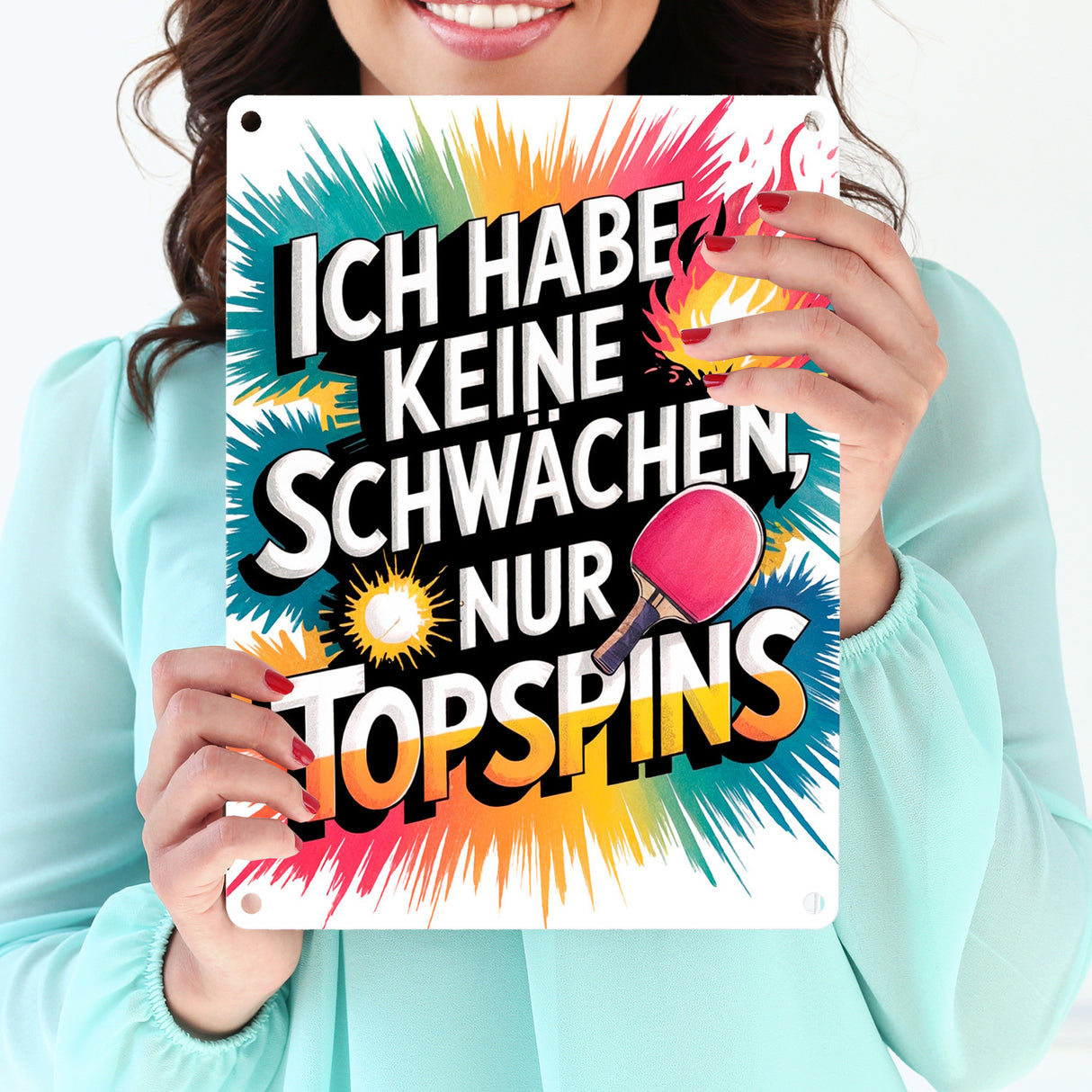 Keine Schwächen, nur Topspins Metallschild in 15x20 cm Tischtennisschläger und Ball