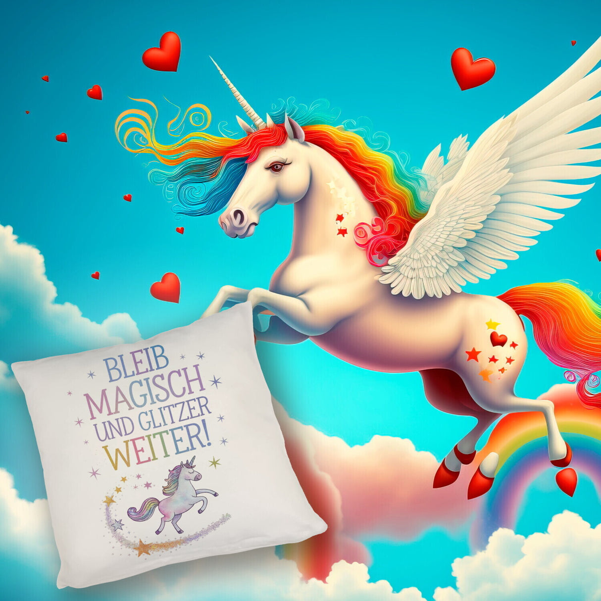 Einhorn mit Regenbogenmähne Kissen Bleib magisch, glitzer weiter