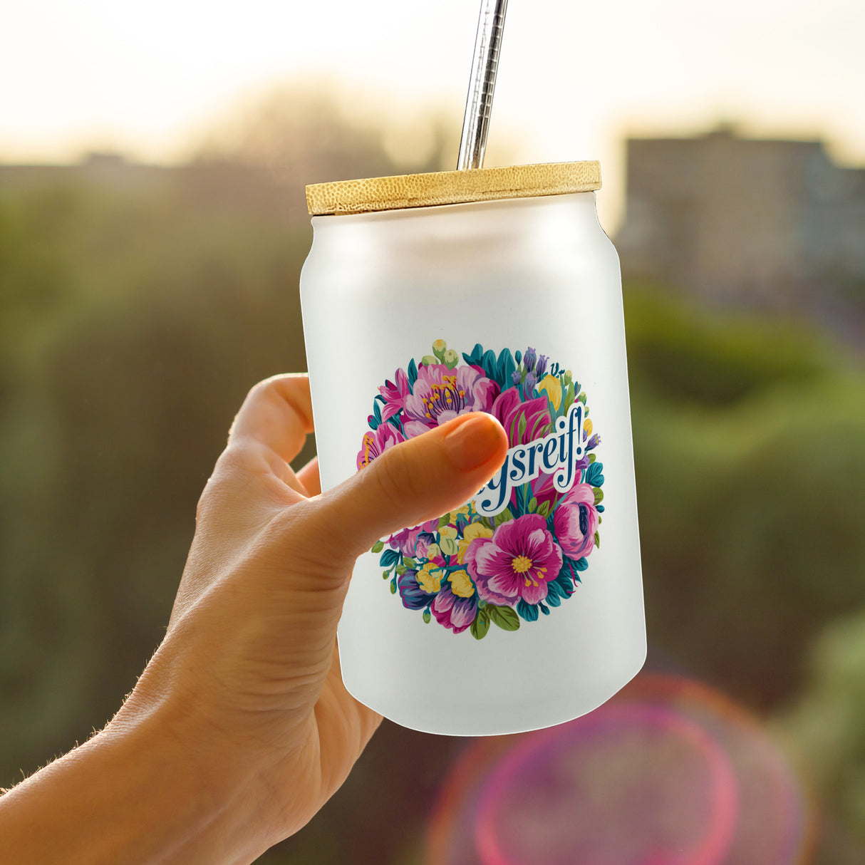 Frühlingsreif Blumendesign Trinkglas mit Bambusdeckel