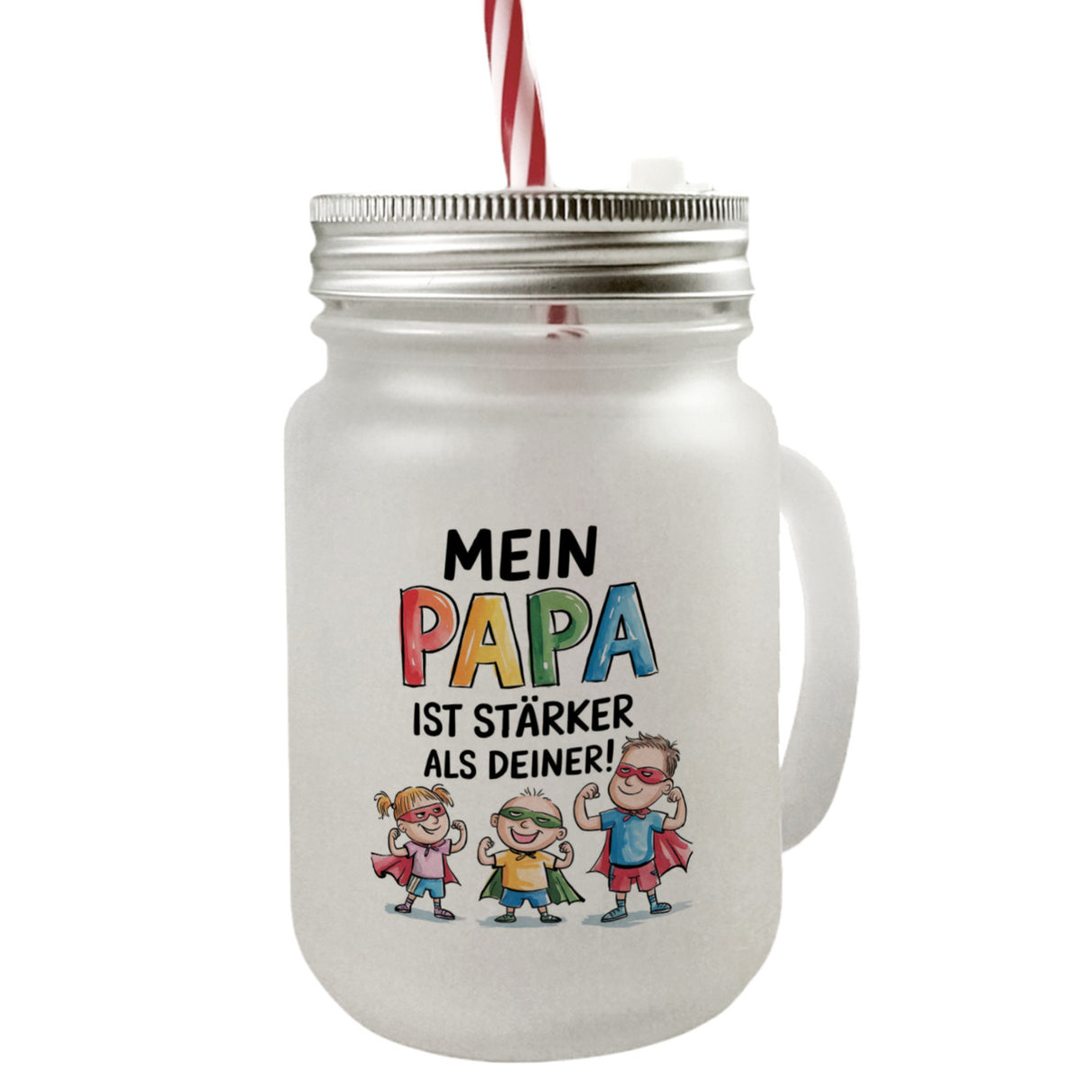 Mein Papa ist der stärkste Superheld Trinkglas mit Bambusdeckel