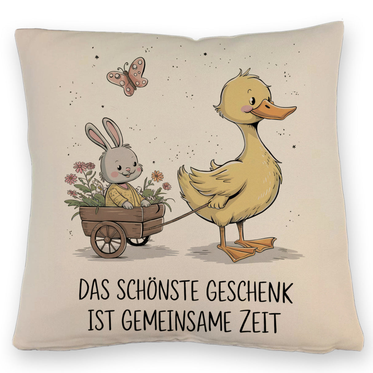 Schöne gemeinsame Zeit Kissen Ente Kaninchen Blütenwagen