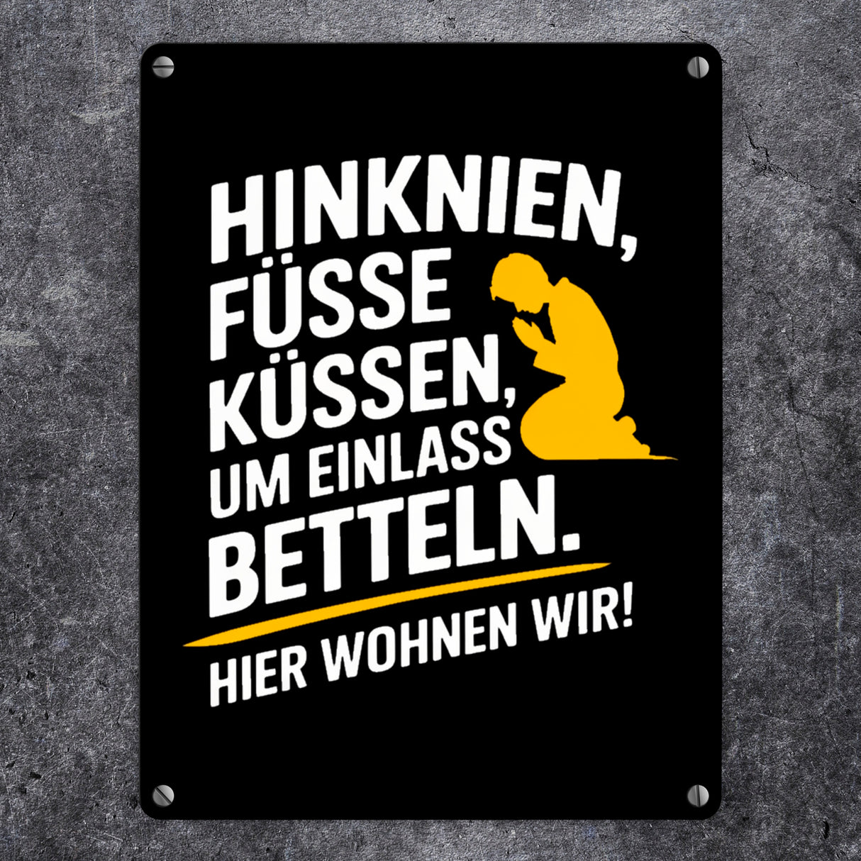 Hinknien und um Einlass betteln Metallschild in 15x20 cm mit betender Person