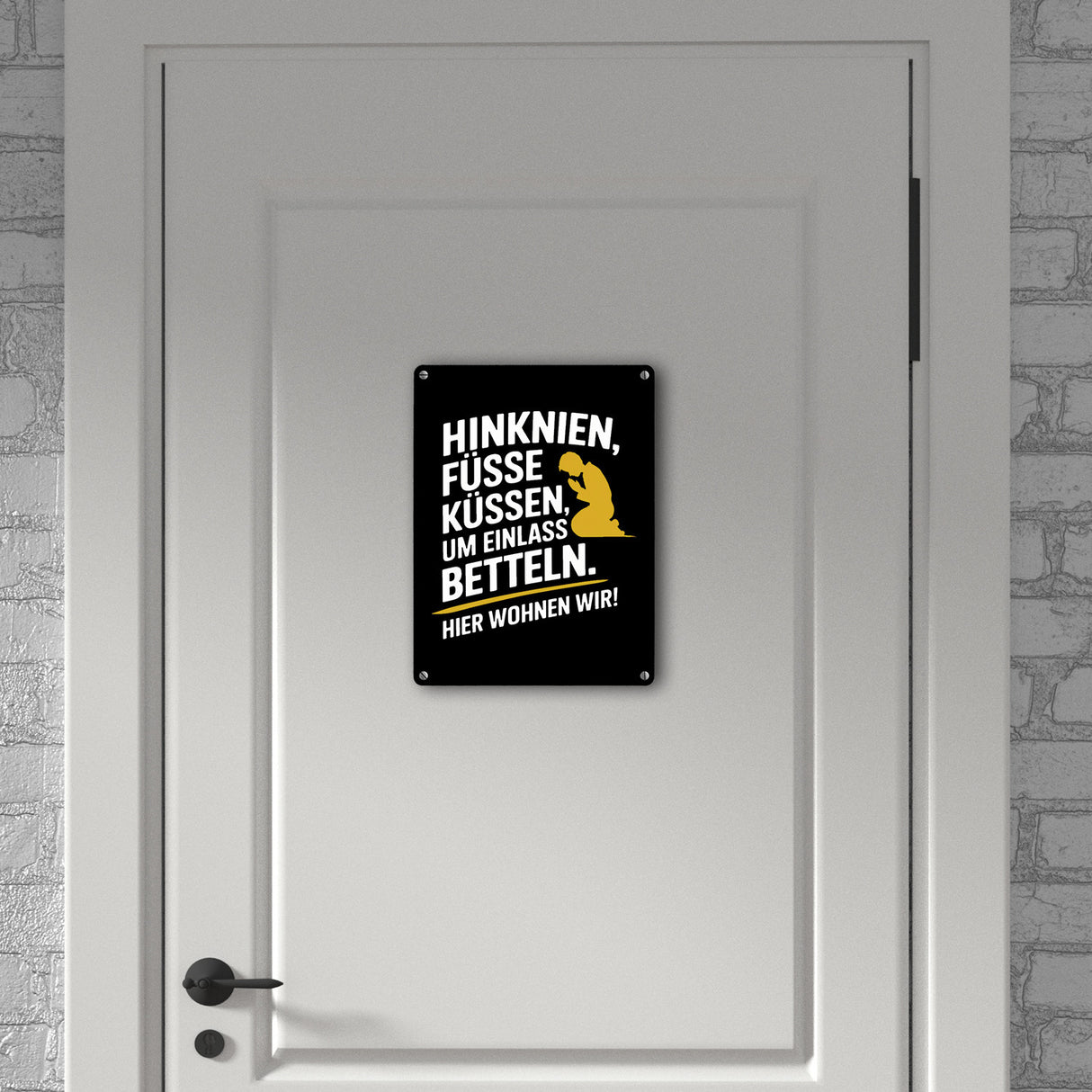 Hinknien und um Einlass betteln Metallschild in 15x20 cm mit betender Person