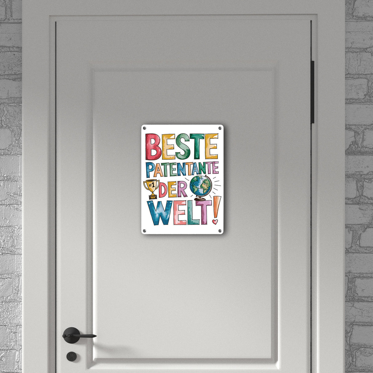 Beste Patentante der Welt Metallschild in 15x20 cm goldener Pokal Globus