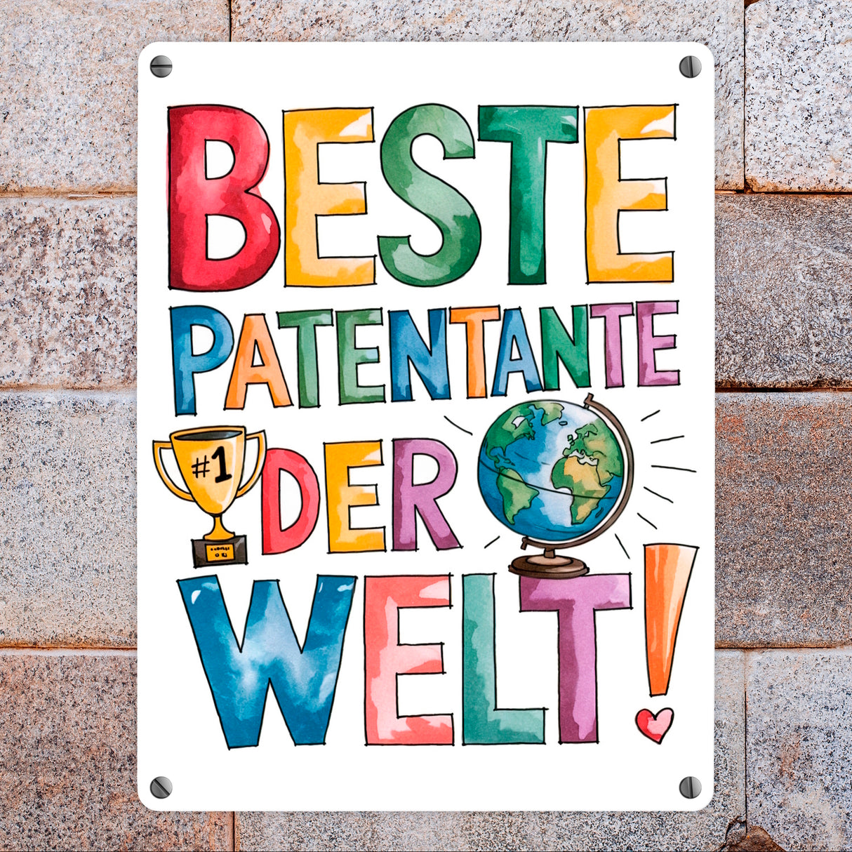 Beste Patentante der Welt Metallschild in 15x20 cm goldener Pokal Globus