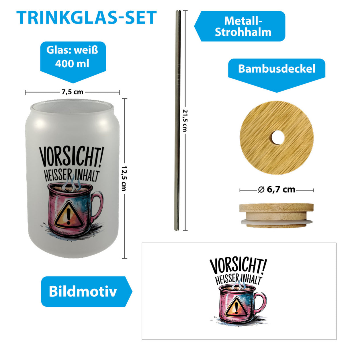 Dampfende Tasse Vorsicht Heißer Inhalt Trinkglas mit Bambusdeckel