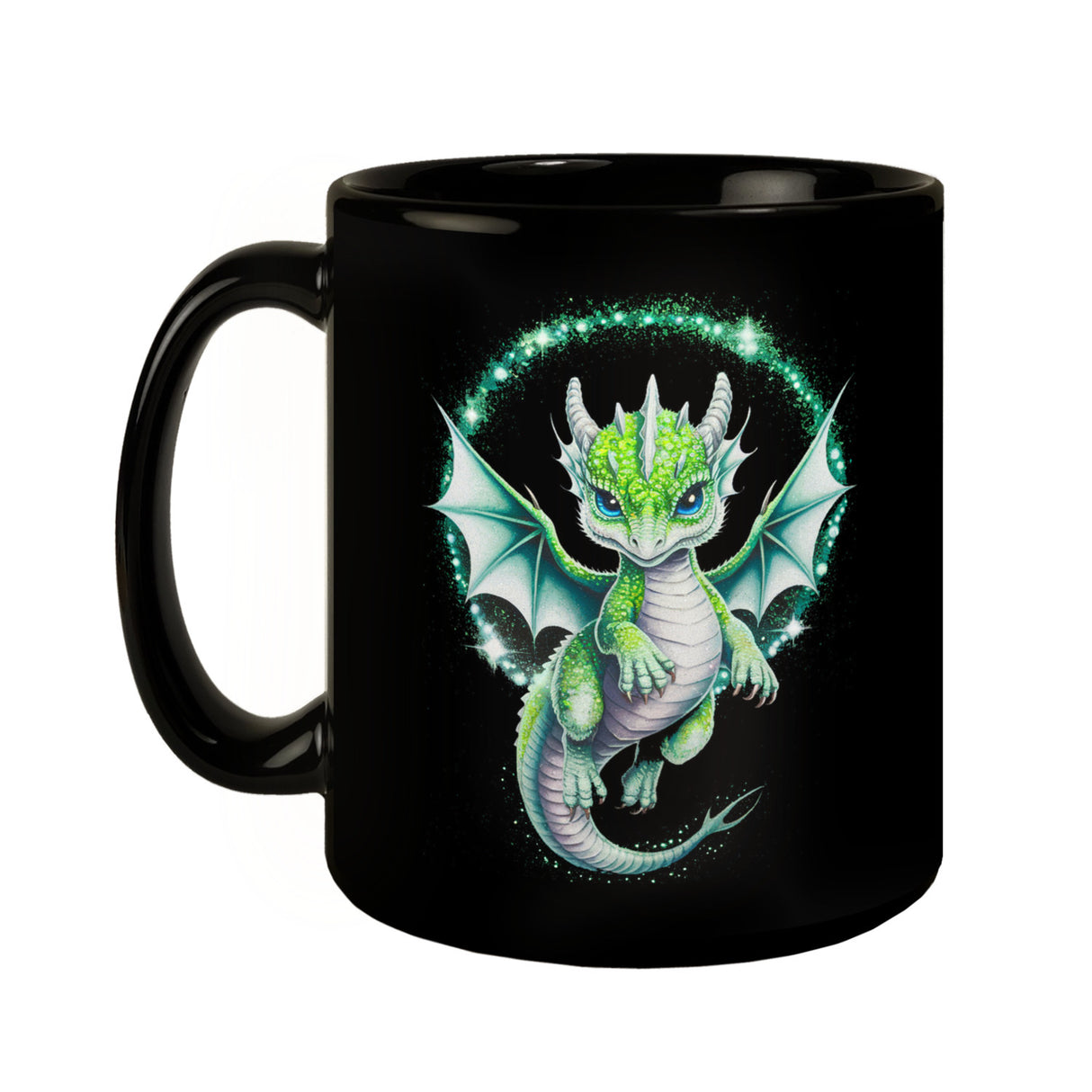 Grüner Babydrache Glitzerkunst Tasse für Drachenfans
