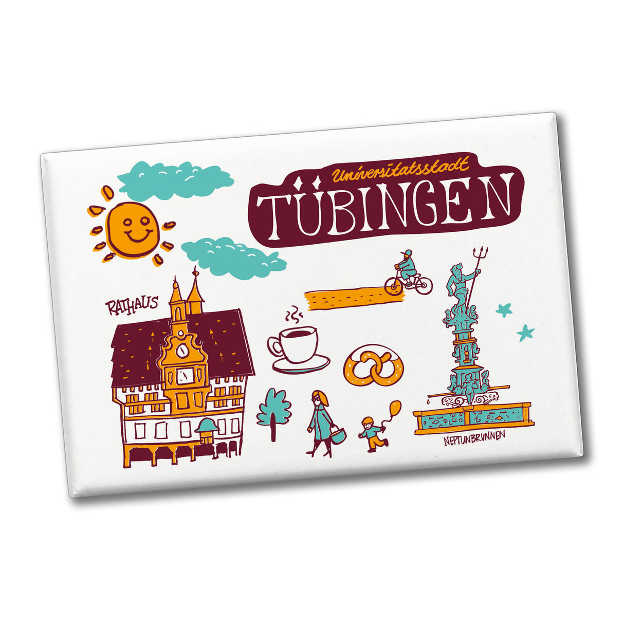 Tübingen Wimmelgrafik Souvenier Souvenir Magnet Rathaus und Neptunbrunnen