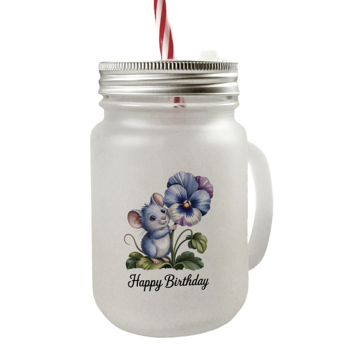 Maus mit Stiefmütterchen Trinkglas mit Bambusdeckel HAPPY BIRTHDAY