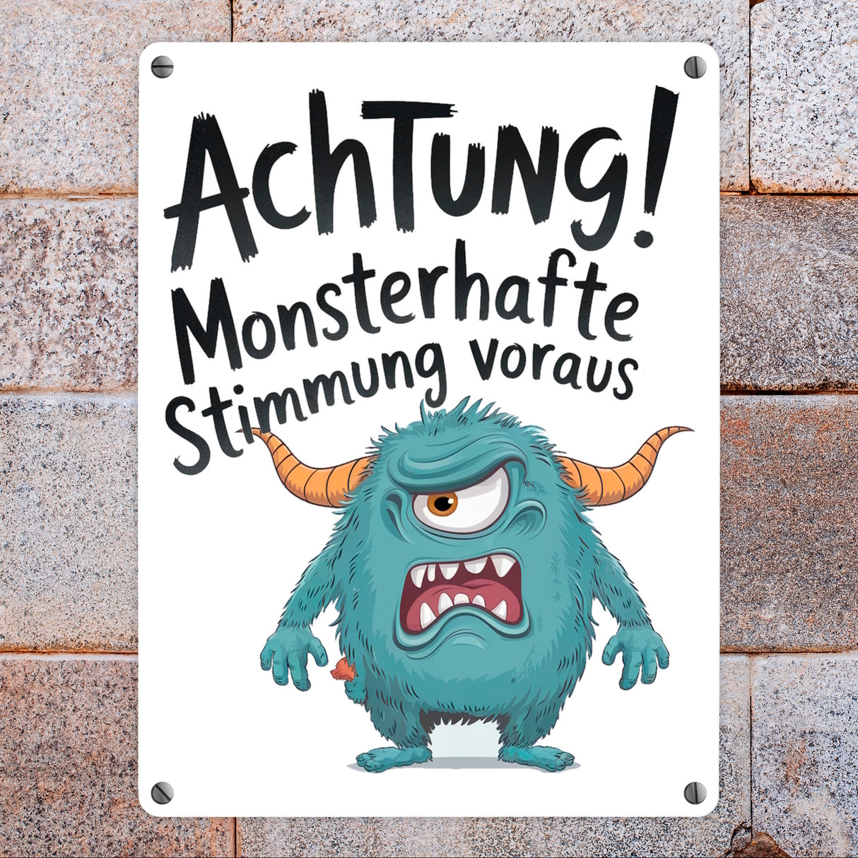 Blaues Cartoon Monster Achtung Monsterstimmung Metallschild in 15x20 cm