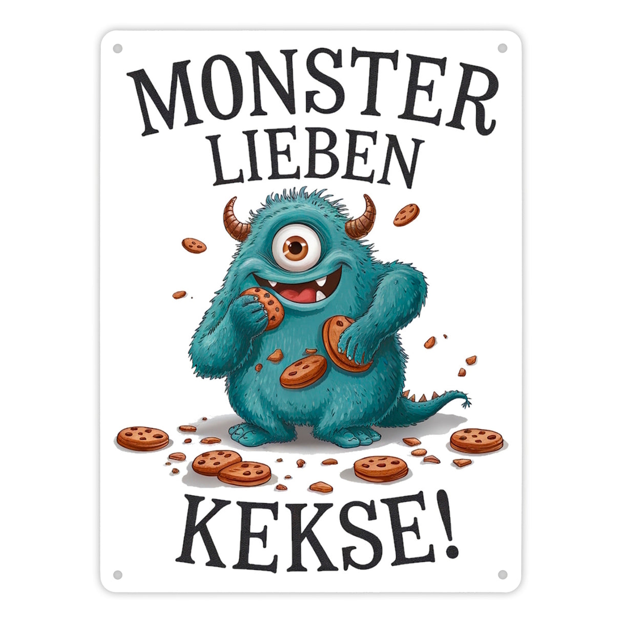 Blaues Monster mit Keks Metallschild in 15x20 cm Monster lieben Kekse
