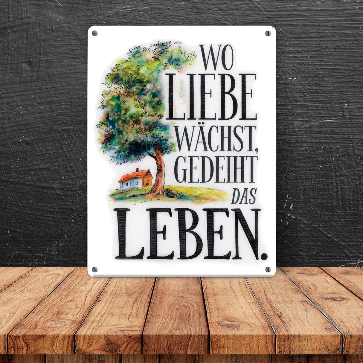 Wo Liebe wächst Metallschild in 15x20 cm Blühender Baum