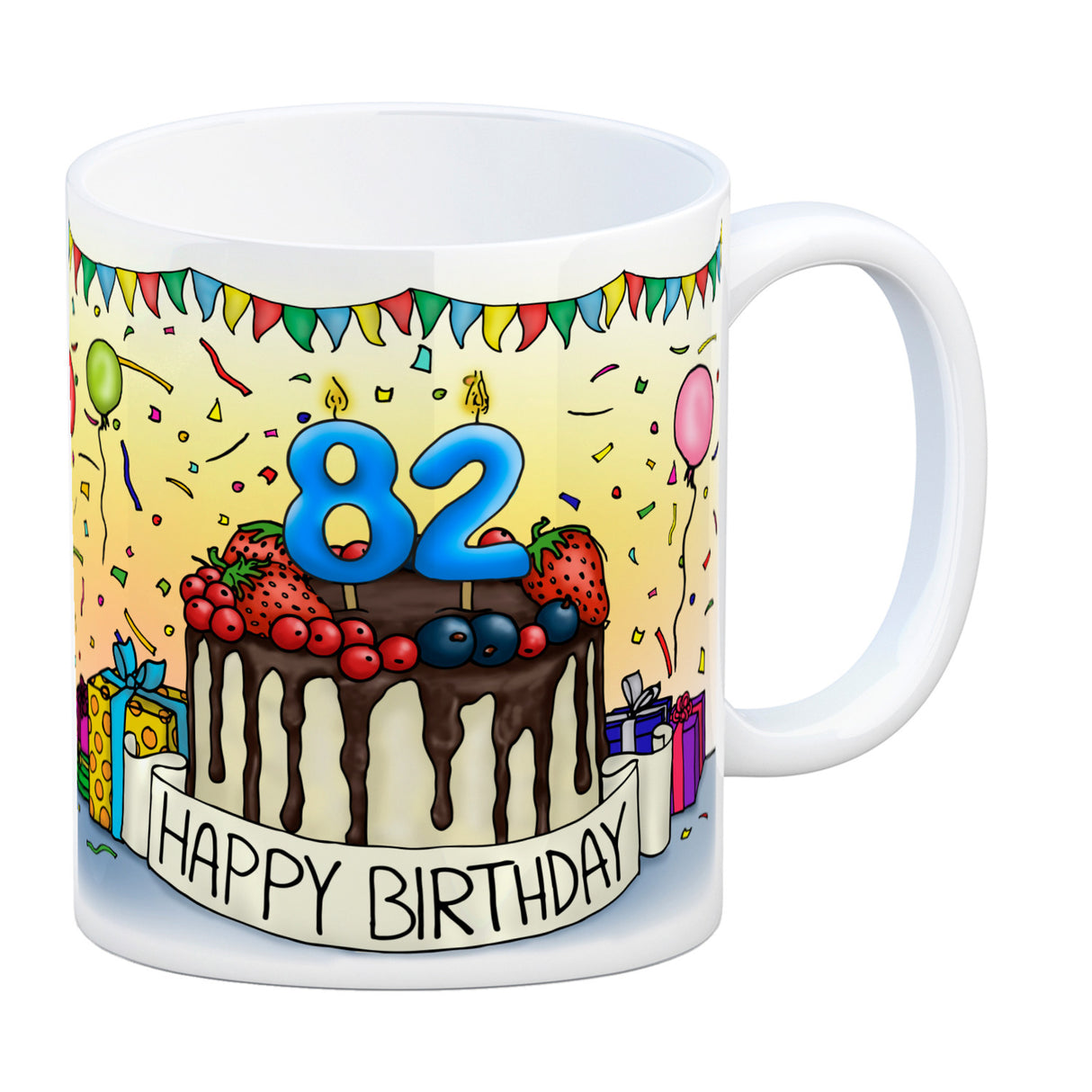 82. Geburtstag Tasse mit Kuchen und Geschenk und Anhänger: zum 29951. Tag