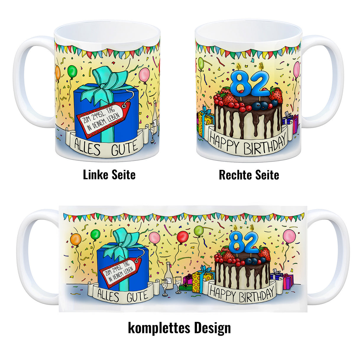 82. Geburtstag Tasse mit Kuchen und Geschenk und Anhänger: zum 29951. Tag