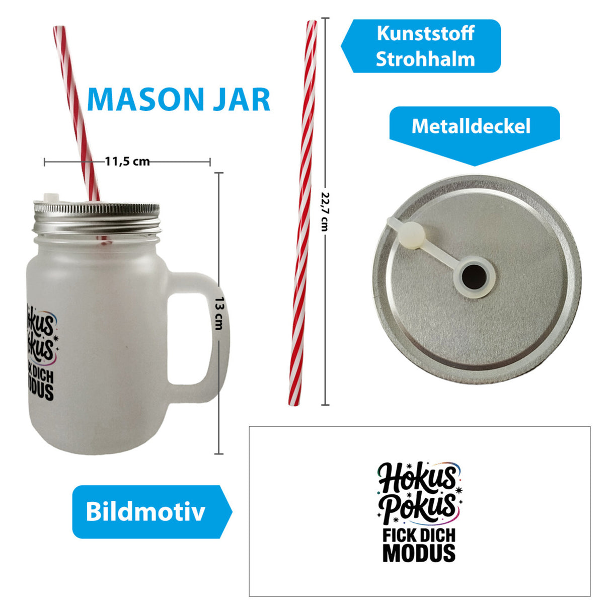 Hokus Pokus Trinkglas mit Bambusdeckel mit frechem Spruch