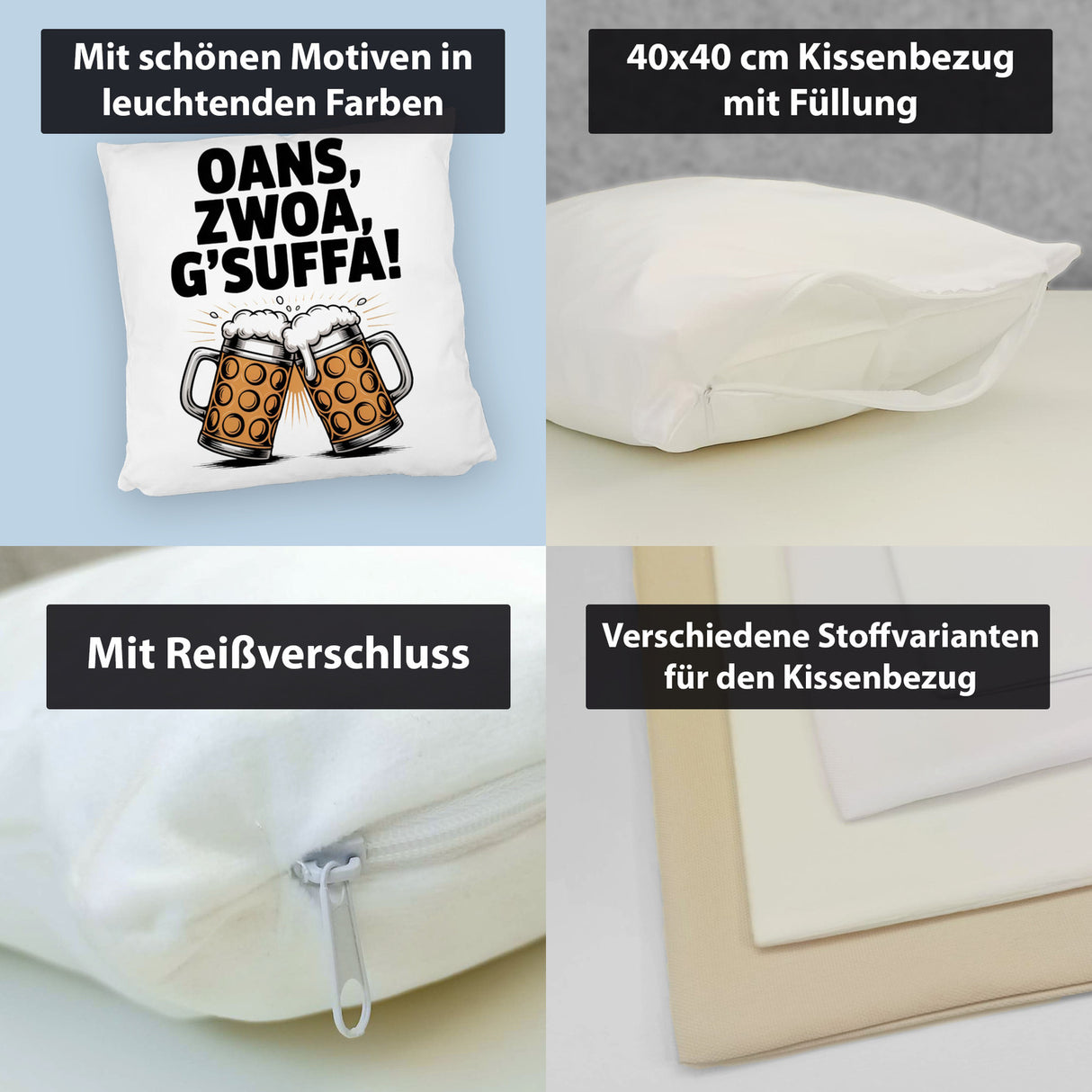 Zwei Bierkrüge Oans, zwoa, g’suffa Kissen