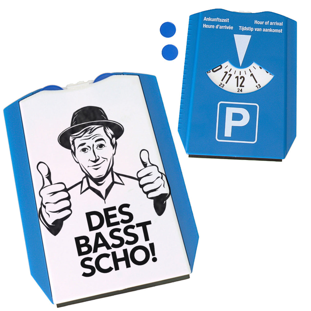 Mann mit Daumen hoch Des basst scho Parkscheibe