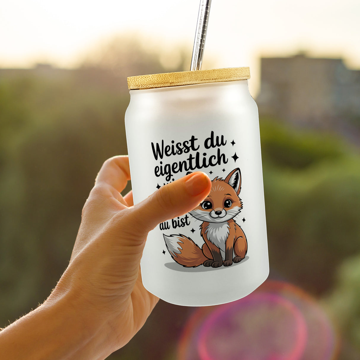 Fuchs Trinkglas mit Bambusdeckel mit Spruch Weißt du eigentlich wie toll du bist