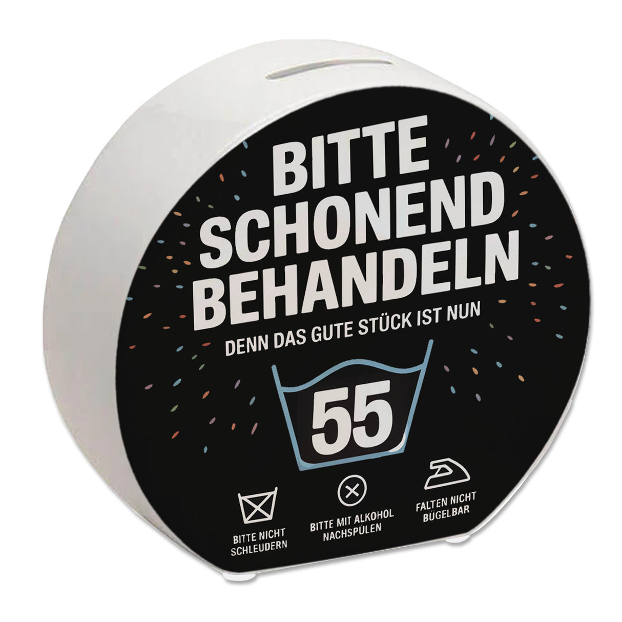 Wäschepflegeetikett Spardose bitte schonend behandeln wird 55