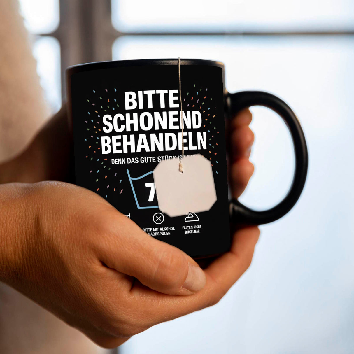 Wäschepflegeetikett Kaffeebecher bitte schonend behandeln wird 75