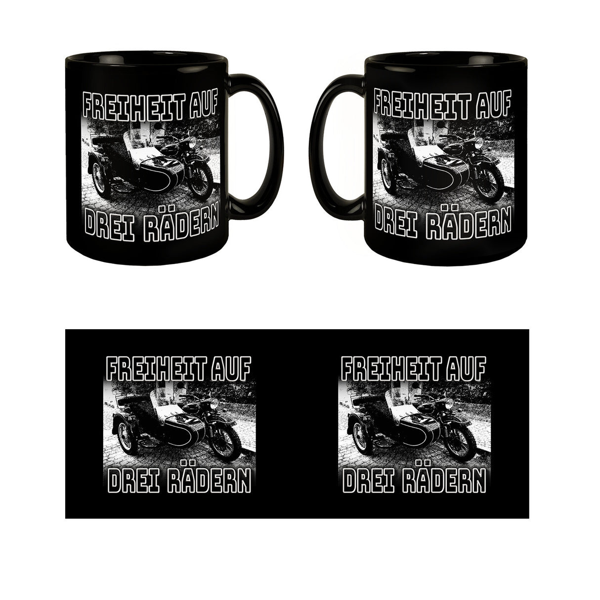Oldtimermotorrad mit Beiwagen Tasse mit Spruch: Freiheit auf drei Rädern