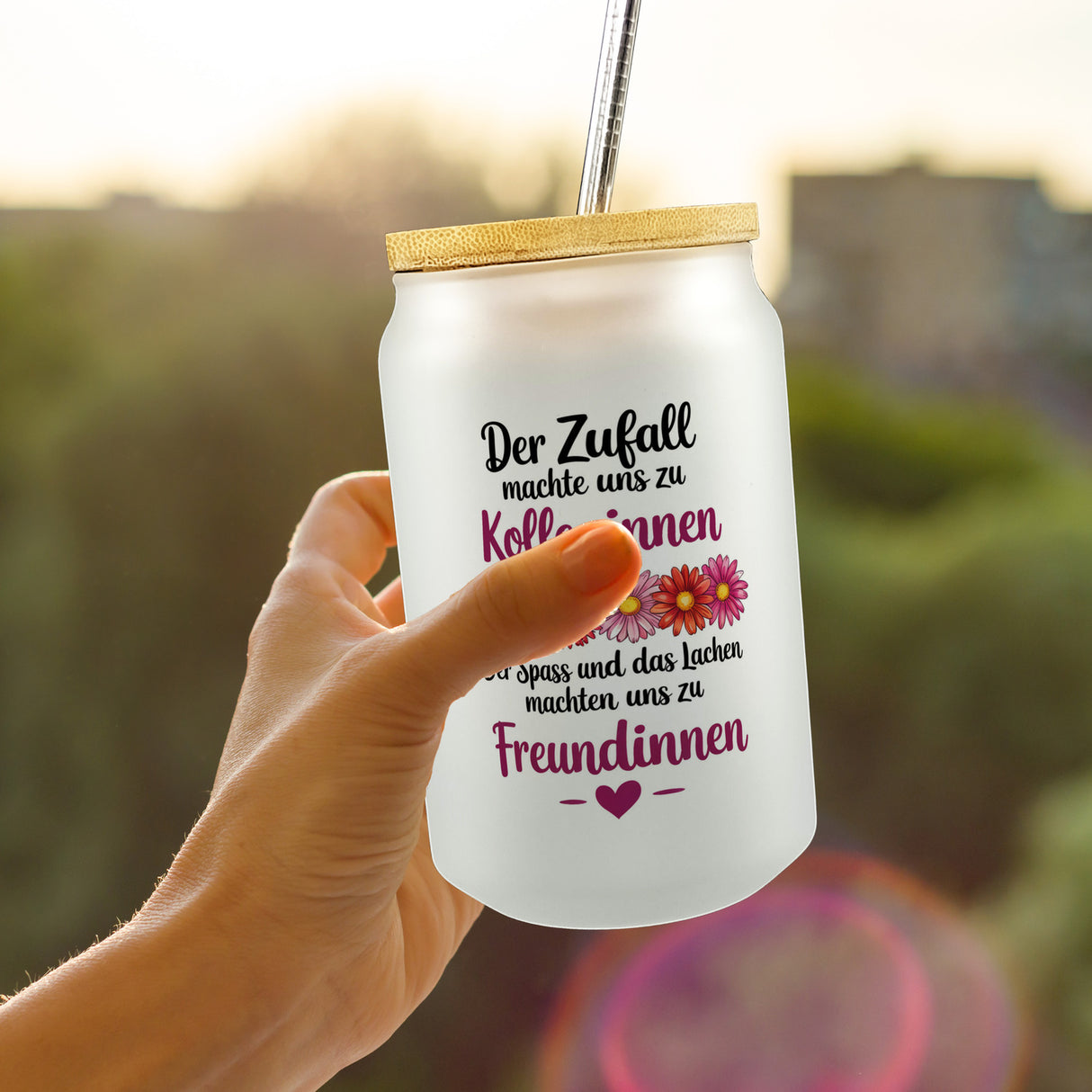 Beste Kollegin Trinkglas mit Bambusdeckel mit Spruch nicht nur Kolleginnen sondern Freundinnen
