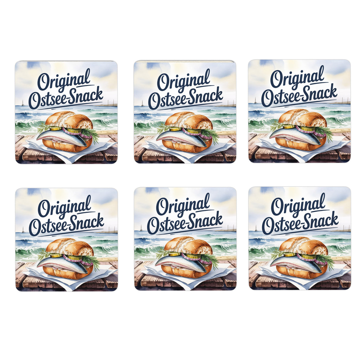 Ostsee Fischbrötchen 6er Set Untersetzer aus Holz - Original Ostsee-Snack