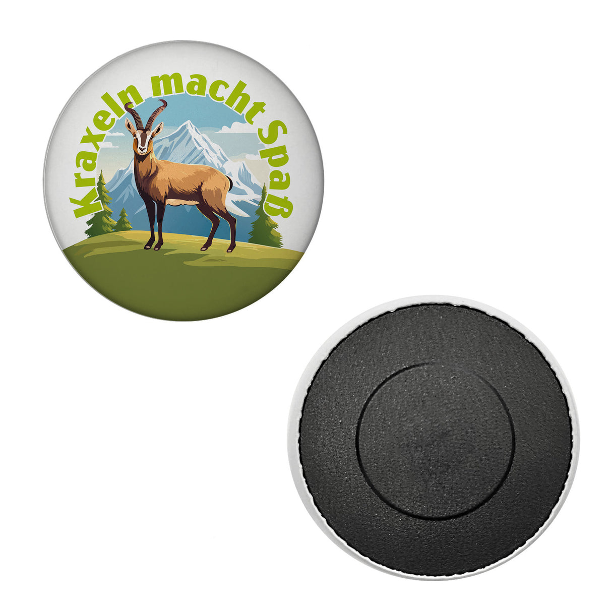 Steinbock Magnet rund mit Spruch: Kraxeln macht Spass