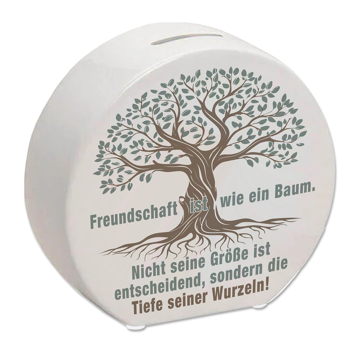 Baum mit Wurzeln Spardose mit Spruch: Freundschaft wächst durch tiefe Wurzeln