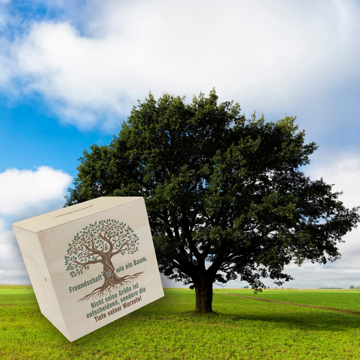 Baum mit Wurzeln Spardose mit Spruch: Freundschaft wächst durch tiefe Wurzeln