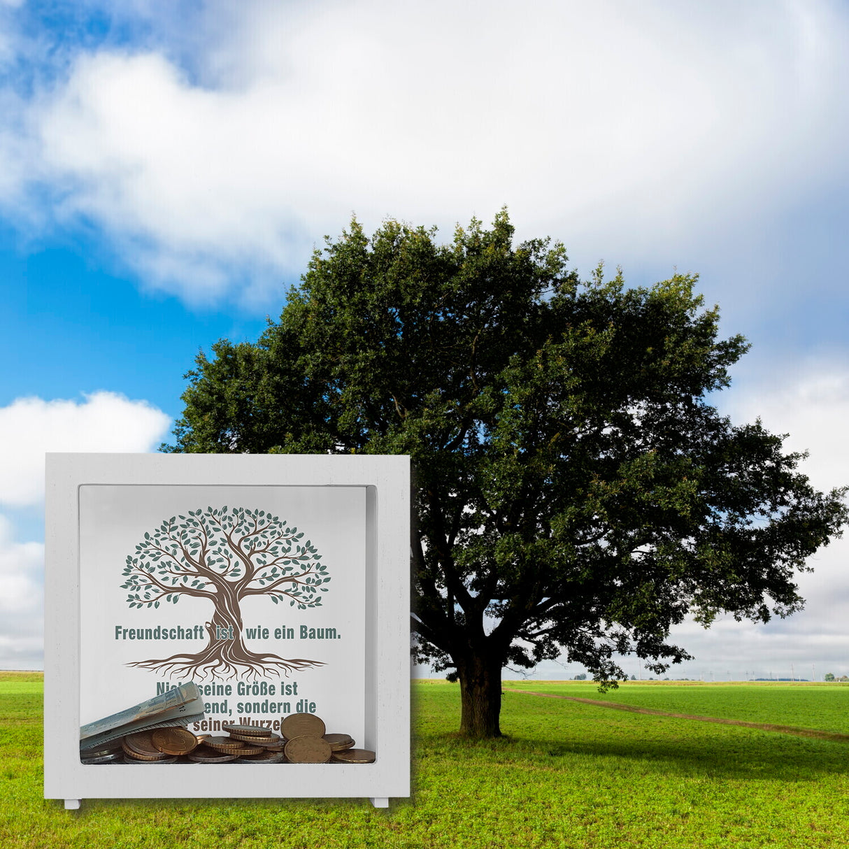 Baum mit Wurzeln Spardose mit Spruch: Freundschaft wächst durch tiefe Wurzeln