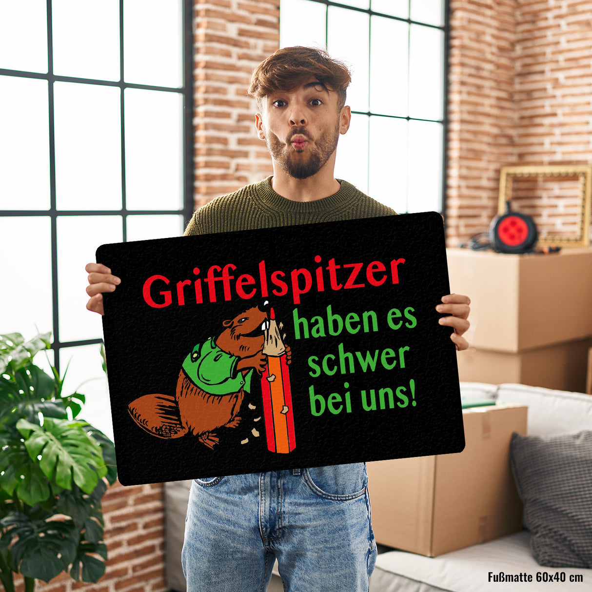 Biber Fußmatte in 35x50 cm ohne Rand mit Spruch: Griffelspitzer haben es schwer bei uns!