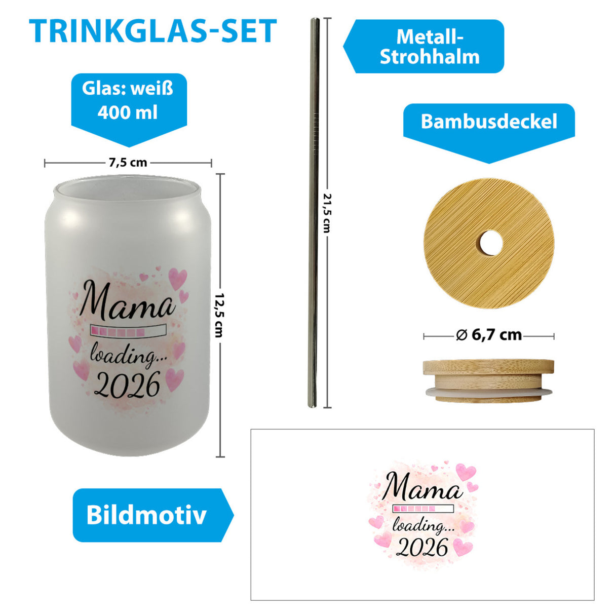 Rosa Herzen Mama Trinkglas mit Bambusdeckel - Mama loading... 2026
