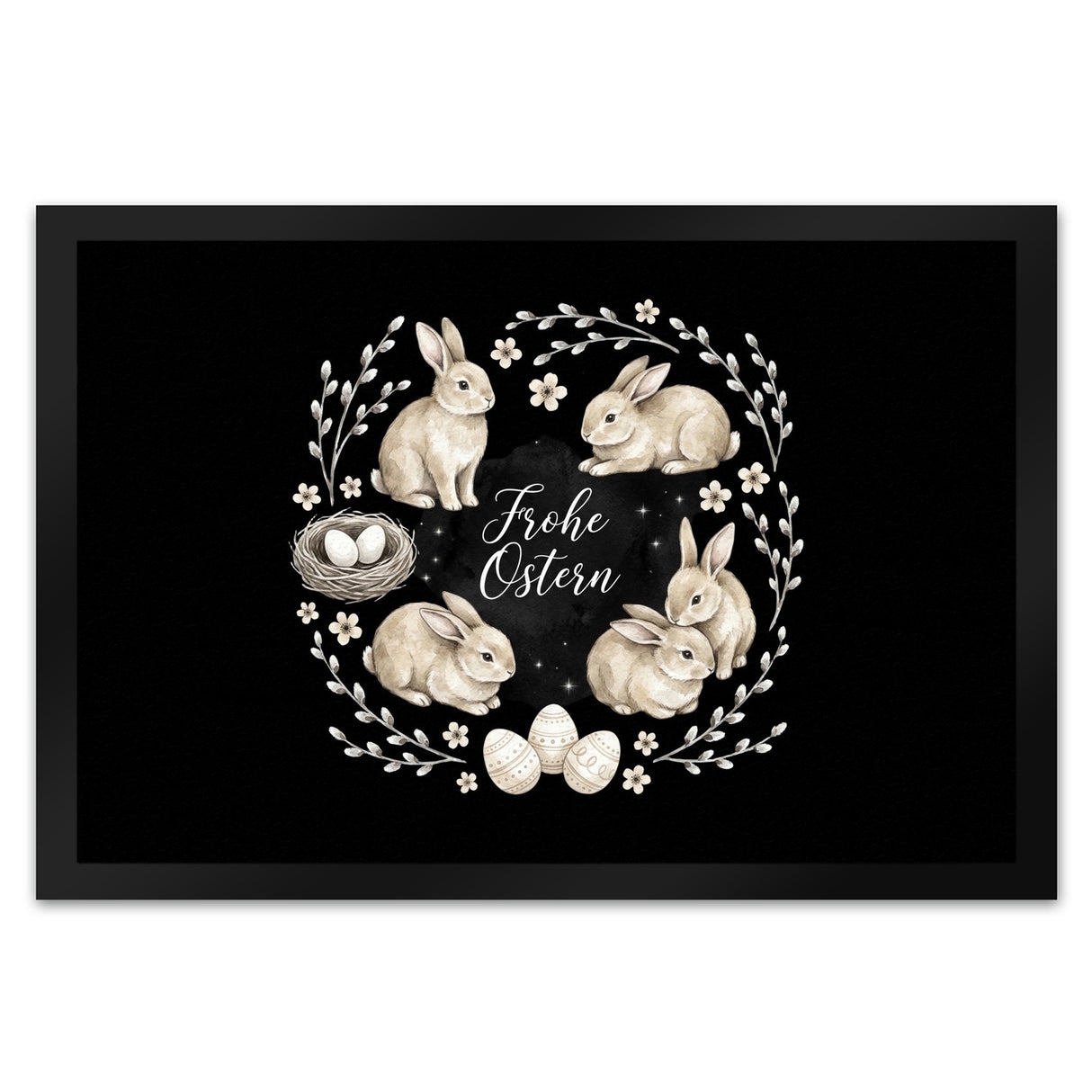 Frohe Ostern Fußmatte in 35x50 cm Haselnussfarbene Kaninchen mit Nest