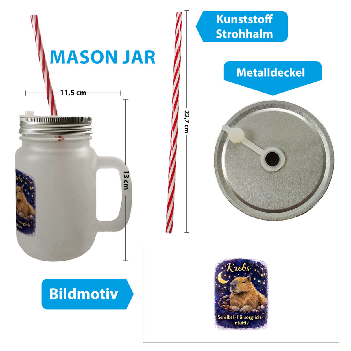 Krebs Sternzeichen Cabybara Trinkglas mit Bambusdeckel für Astrologie Fans