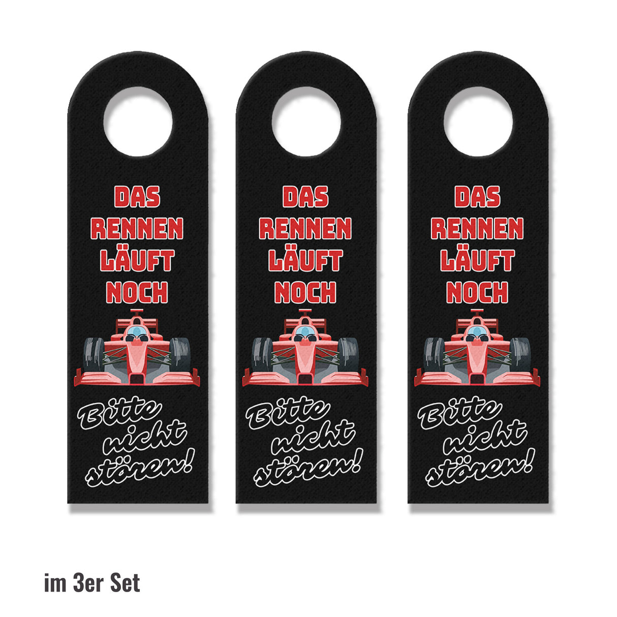 Sportwagen Türhänger mit Spruch: Rennen läuft, bitte nicht stören.