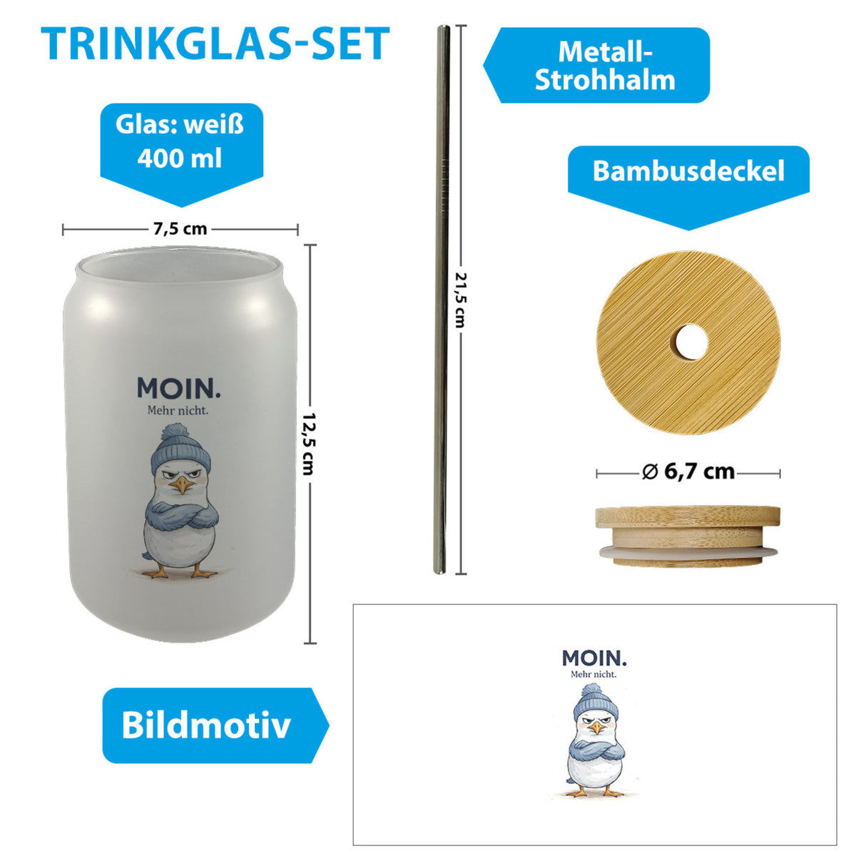 Manfred die Möwe Moin mehr nicht Trinkglas mit Bambusdeckel für Küstenfans