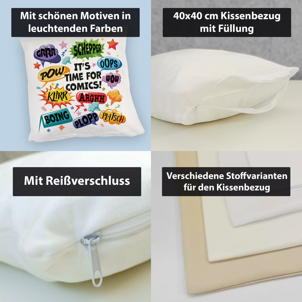 Comic Kissen mit Spruch: Comics time: POW, WOW, BOING!