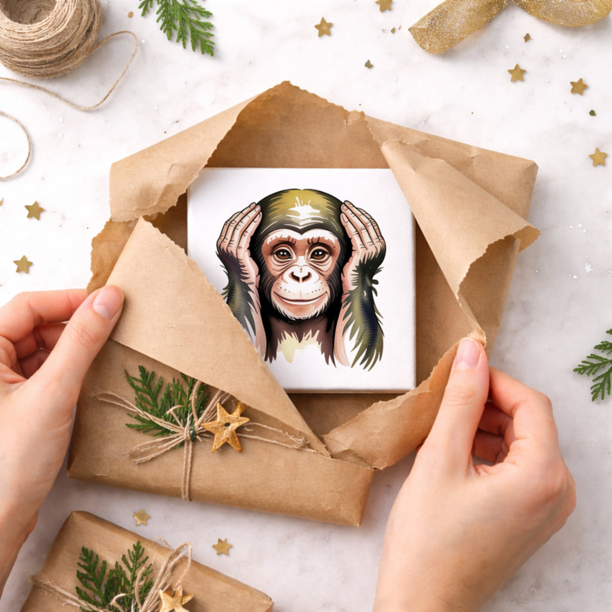 Die drei Affen nichts hören Holzbild in 10x10 cm zum Stellen oder Aufhängen