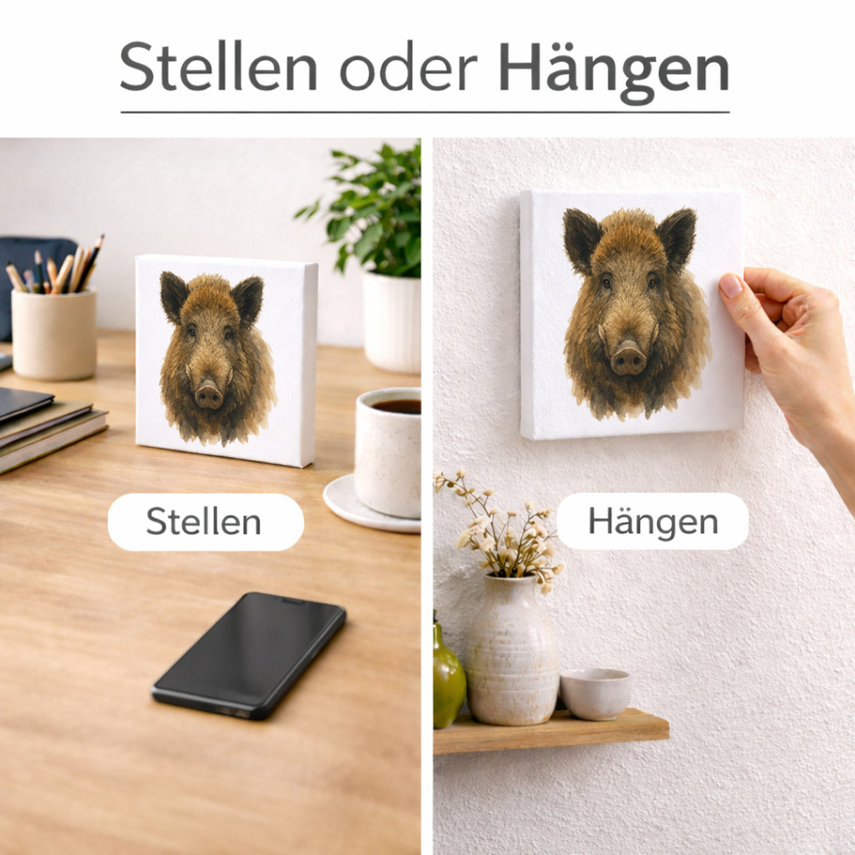 Wildes Herz Wildschweinkopf Holzbild in 10x10 cm zum Stellen oder Aufhängen