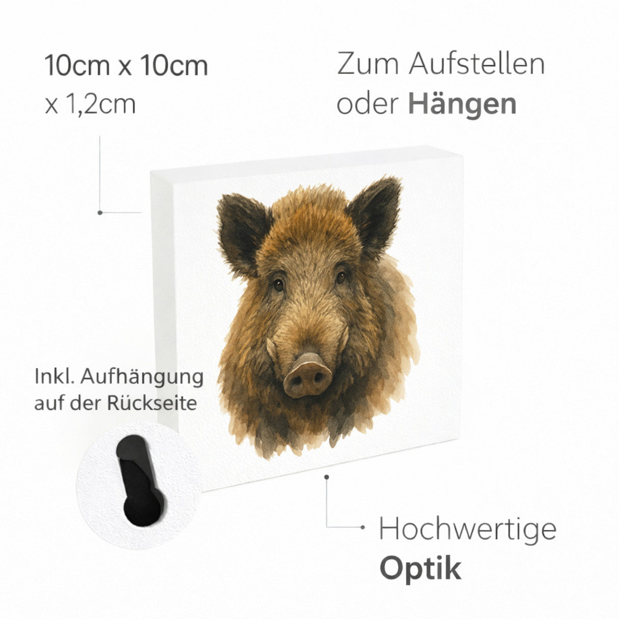 Wildes Herz Wildschweinkopf Holzbild in 10x10 cm zum Stellen oder Aufhängen