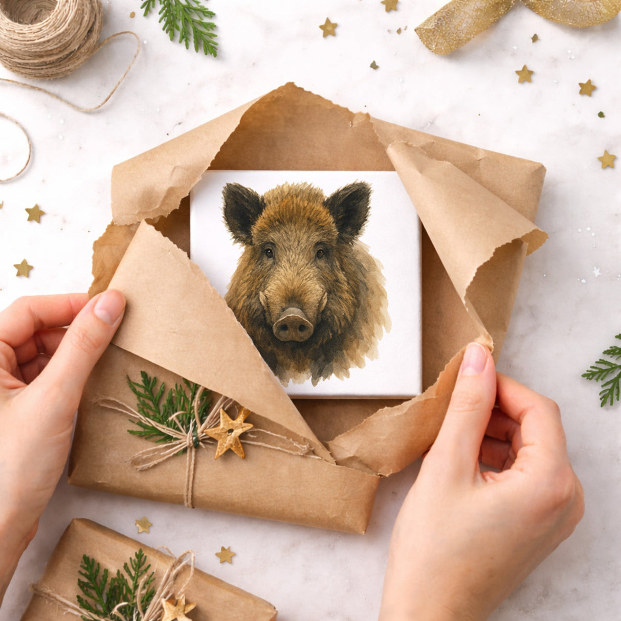 Wildes Herz Wildschweinkopf Holzbild in 10x10 cm zum Stellen oder Aufhängen