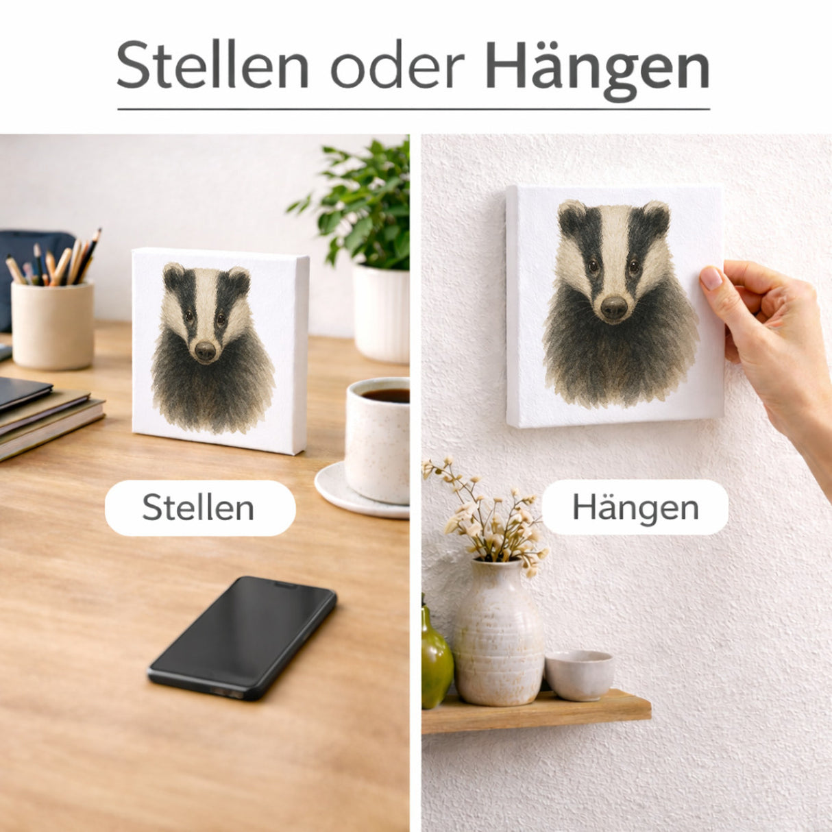 Wildes Herz Dachs Aquarell Holzbild in 10x10 cm zum Stellen oder Aufhängen