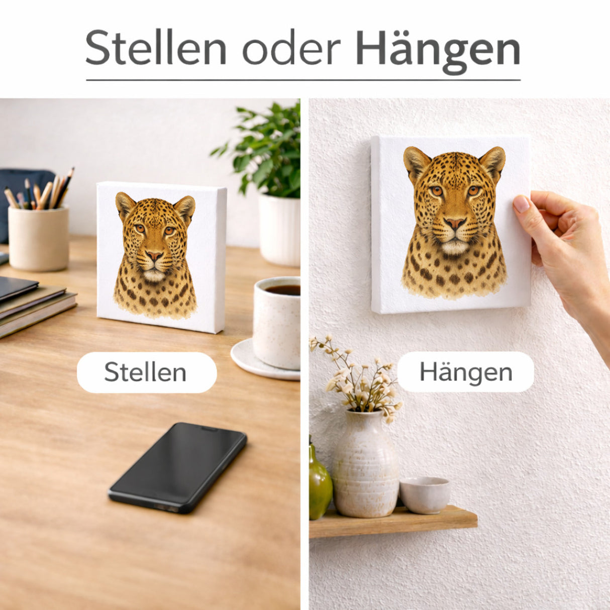 Raubtierblick Leopardenkopf Holzbild in 10x10 cm zum Stellen oder Aufhängen