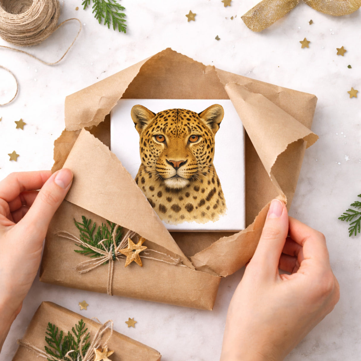 Raubtierblick Leopardenkopf Holzbild in 10x10 cm zum Stellen oder Aufhängen