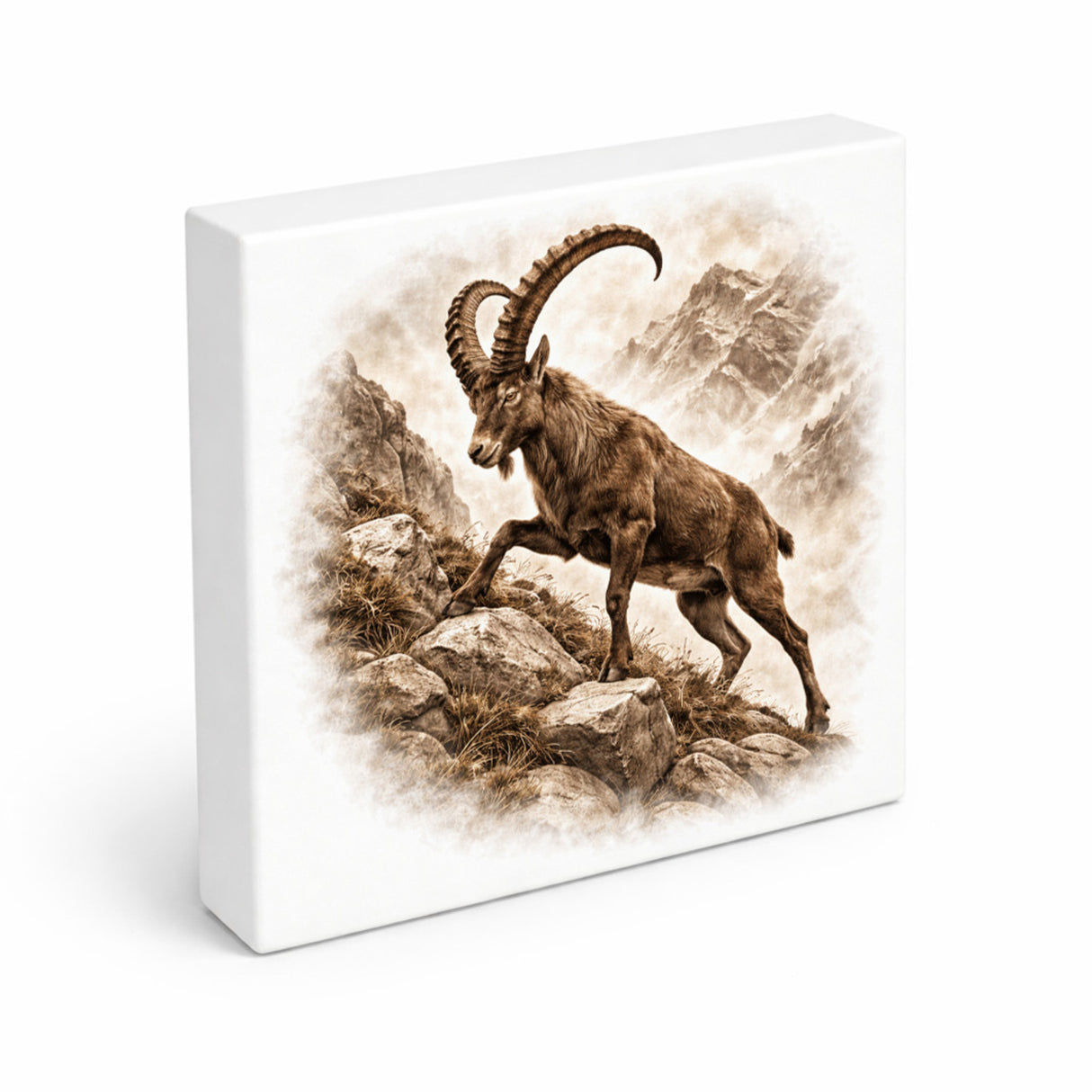 Wild and Free Steinbock Holzbild in 10x10 cm zum Stellen oder Aufhängen