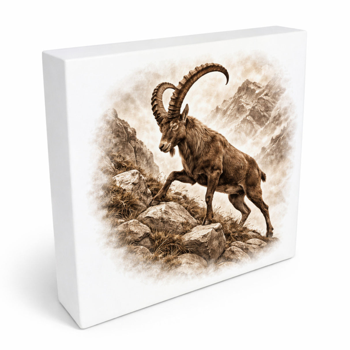 Wild and Free Steinbock Holzbild in 10x10 cm zum Stellen oder Aufhängen