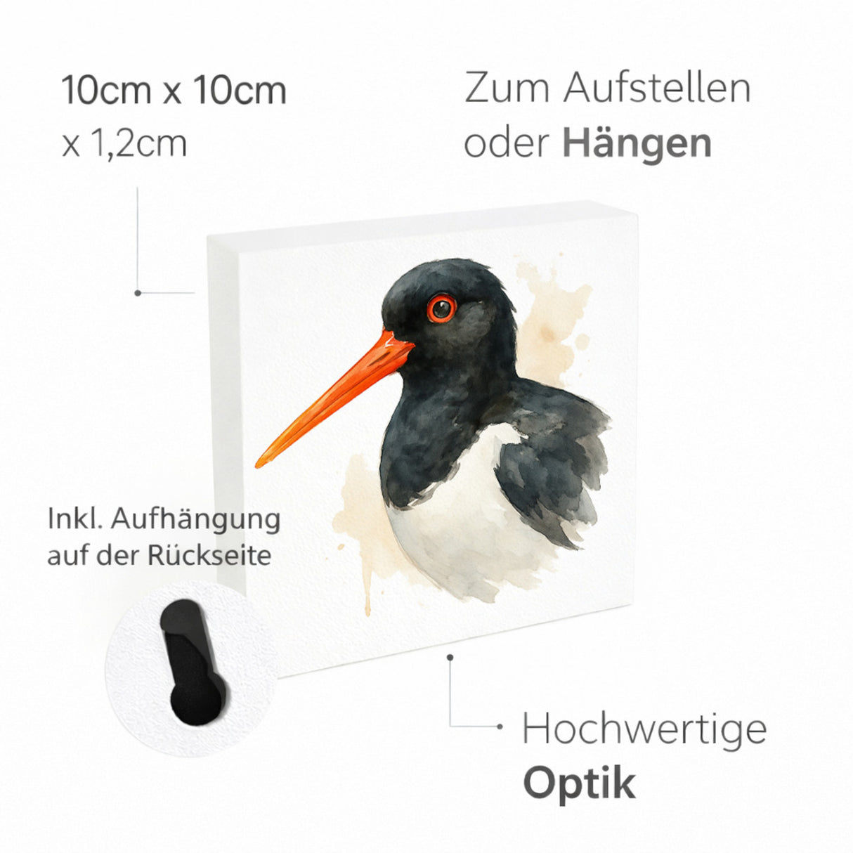 Vogelparade Austernfischer Aquarell Holzbild in 10x10 cm zum Stellen oder Aufhängen