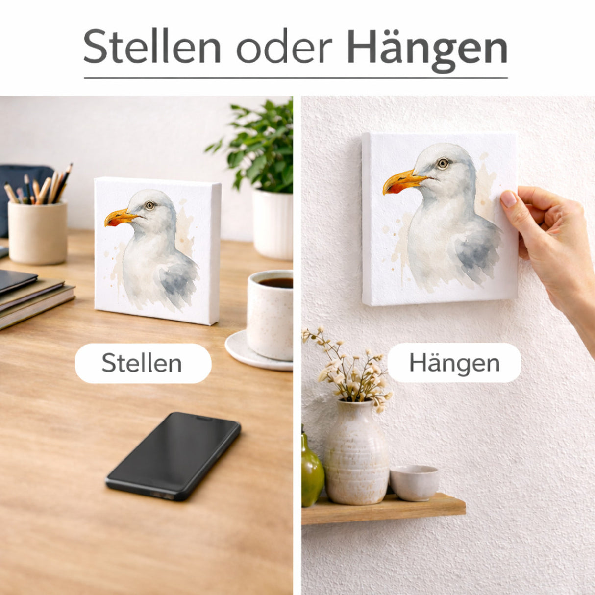 Vogelparade Aquarell Möwe Holzbild in 10x10 cm zum Stellen oder Aufhängen